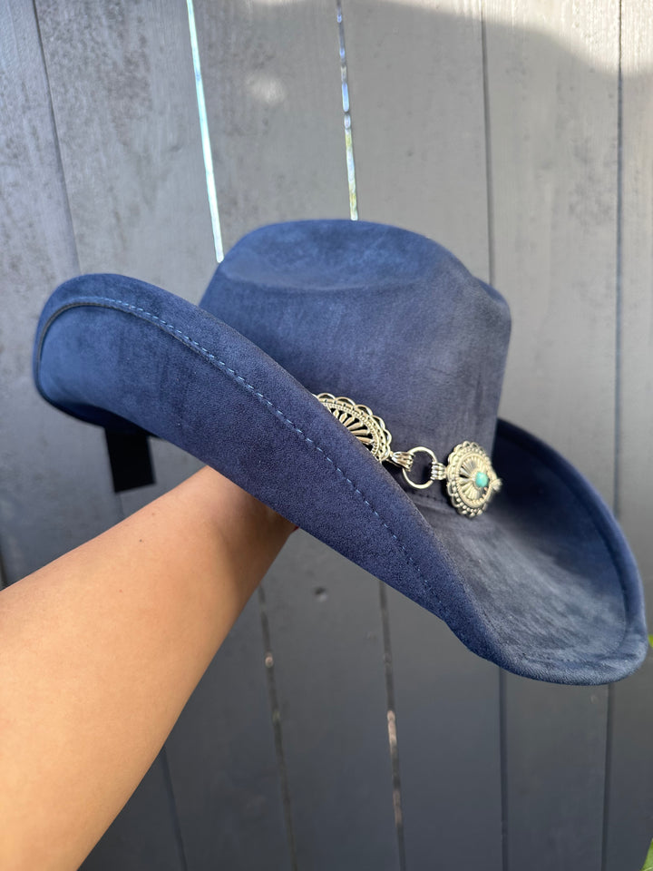 Midnight Blue Cowgirl Hat with Silver and Turquoise Concho Band