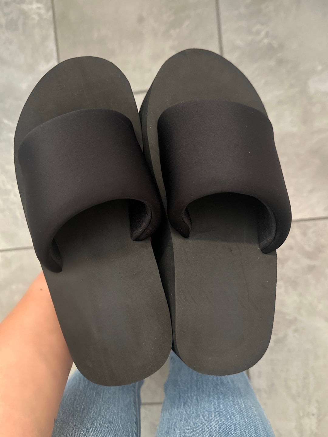 Black Platform Memory Foam Like Wedge Slide Sandals- Gladis