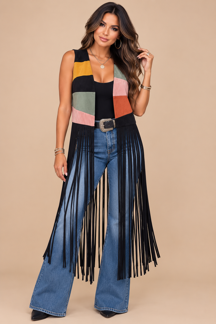 Western Boho Maxi Colorblock Sunrise Faux Suede Vest – Black Multi Sunrise