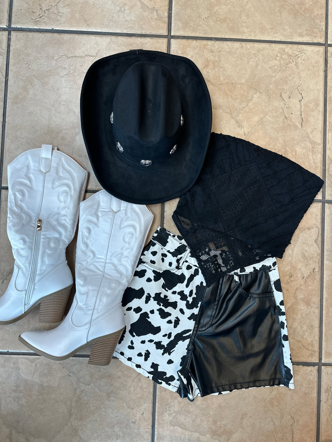 Western Color Block PU Cow Print Shorts