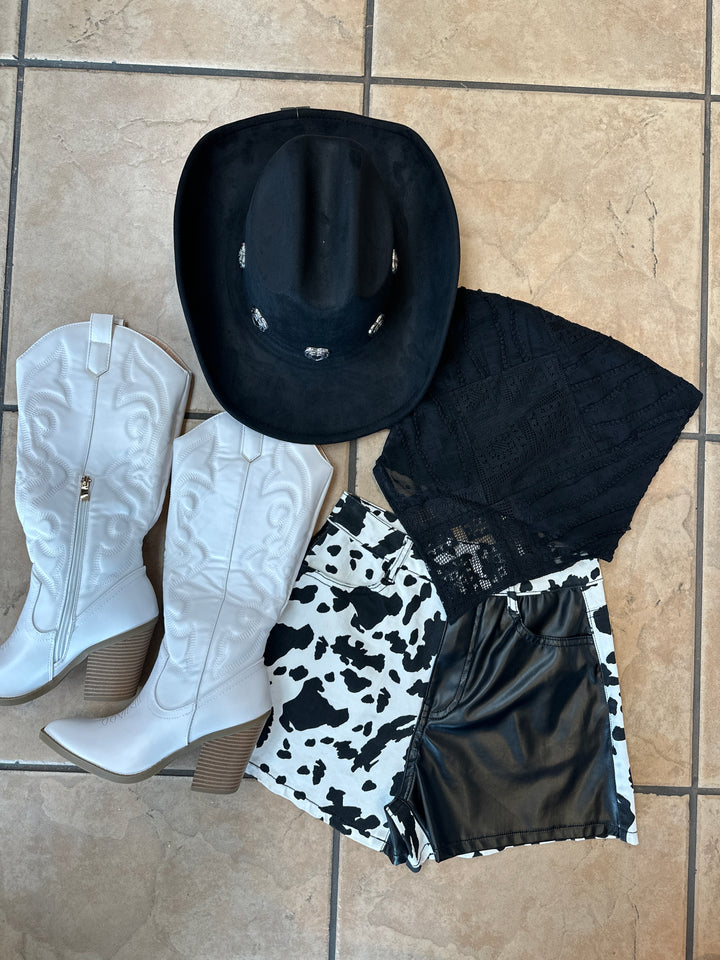 Western Color Block PU Cow Print Shorts