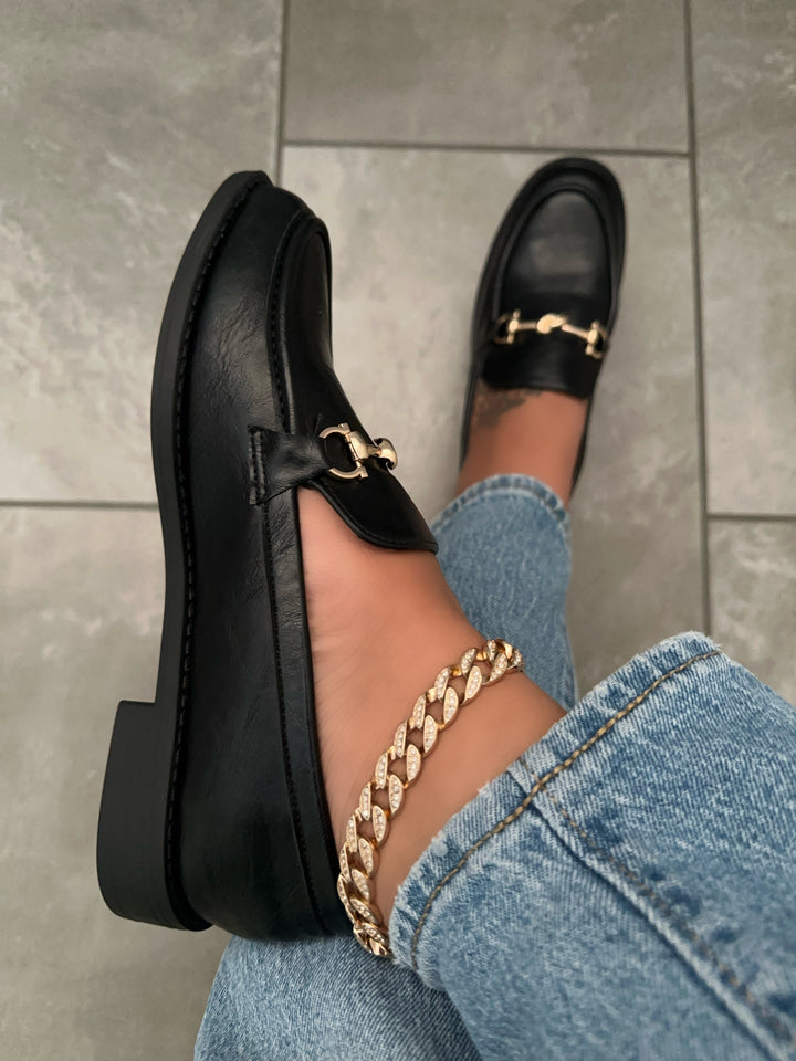 Classic Black Faux Leather Horsebit Loafers- Carolina