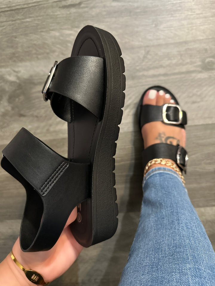 Black Double Buckle Platform Sandals- Myla