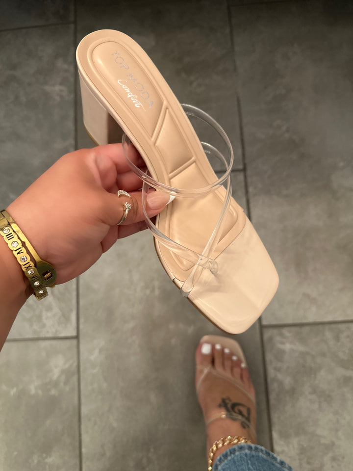 Women's Clear Nude Strappy Mid Heels- Harper