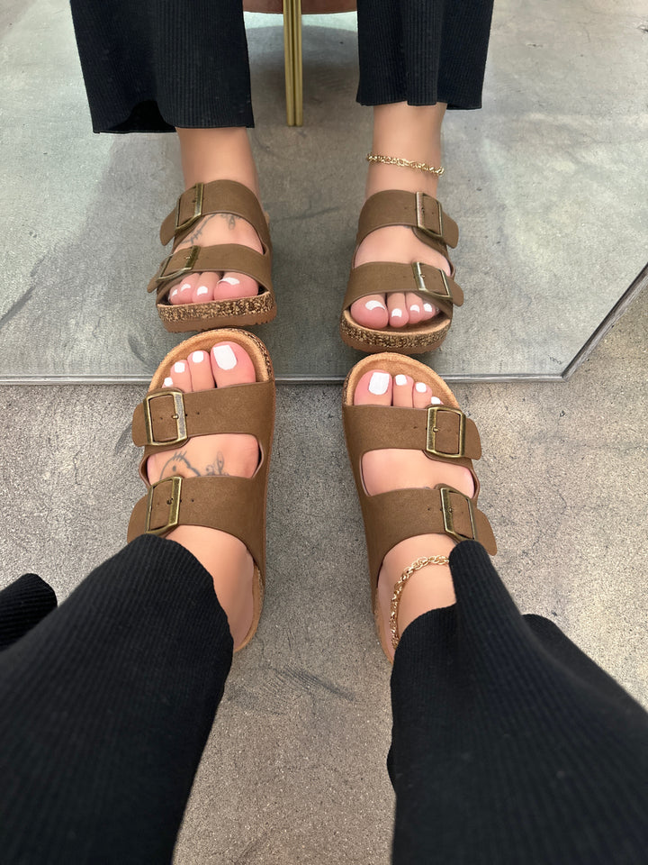 Dark Tan Double Buckle Cork Platform Sandals- Gina