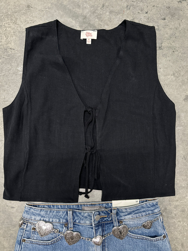Black Sleeveless Linen Vest Top