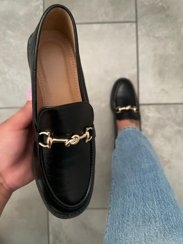 Classic Black Faux Leather Horsebit Loafers- Carolina