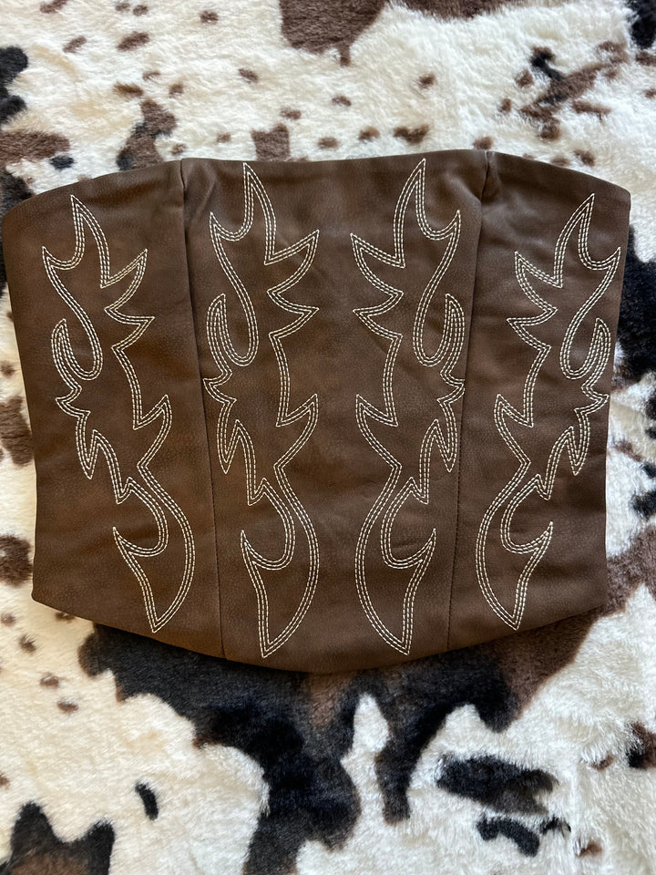 Western Brown Faux Leather Embroidered Corset Top