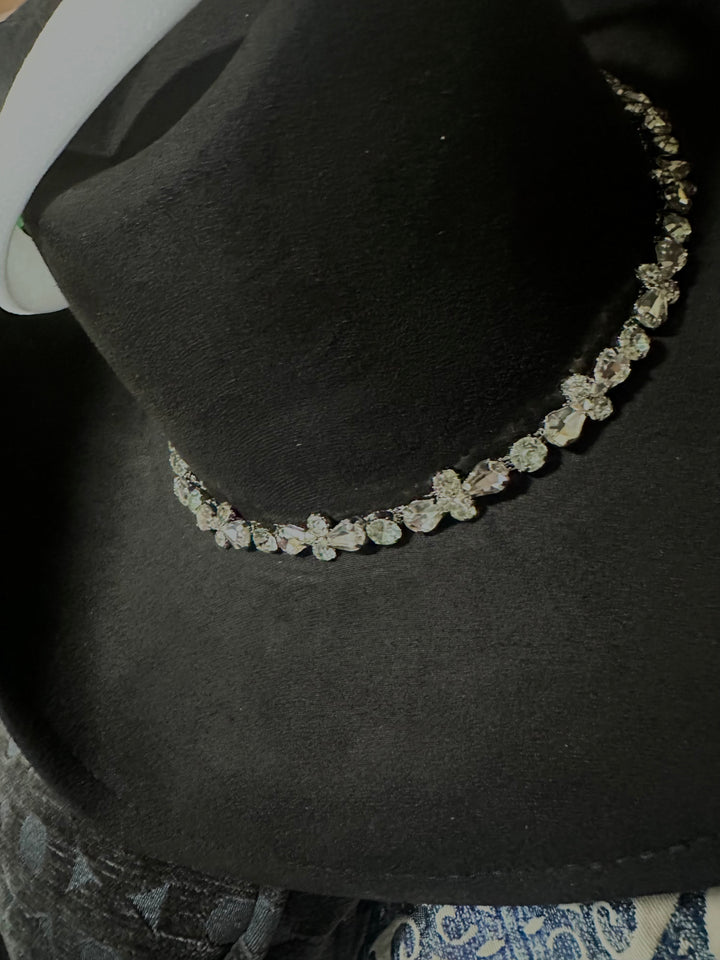 Black Embellished Rhinestone Faux Suede Cowboy Hat