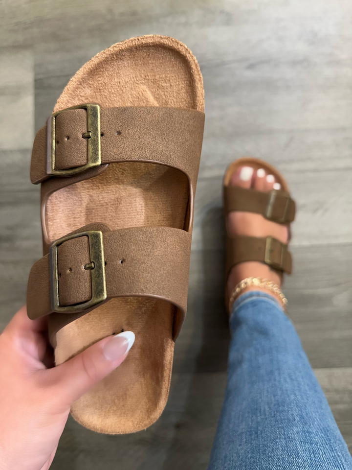 Dark Tan Double Buckle Cork Platform Sandals- Gina