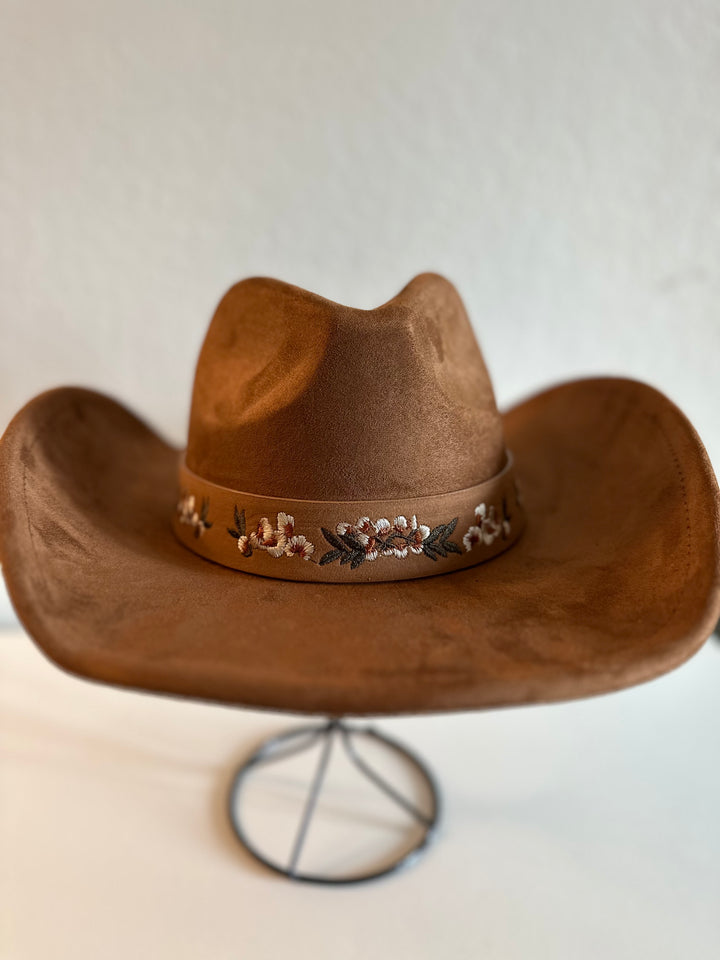 Tan Floral Print  Embroidered Cowboy Hat