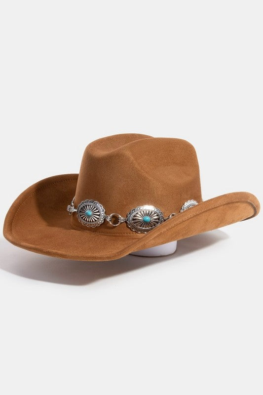 Tan Suede Western Hat with Silver and Turquoise Concho