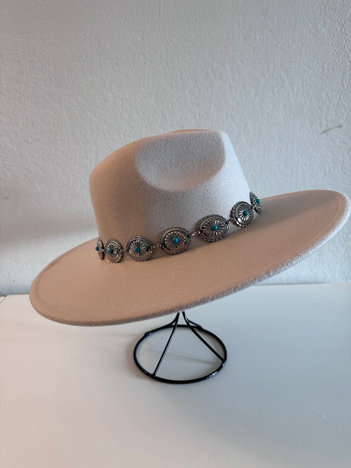 Ivory Wide-Brim Fedora Hat with Silver and Turquoise Accents