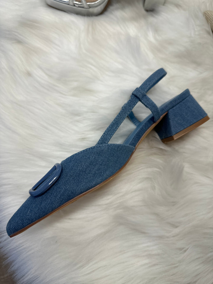 Denim Slingback Block Heel Shoes- Sunny