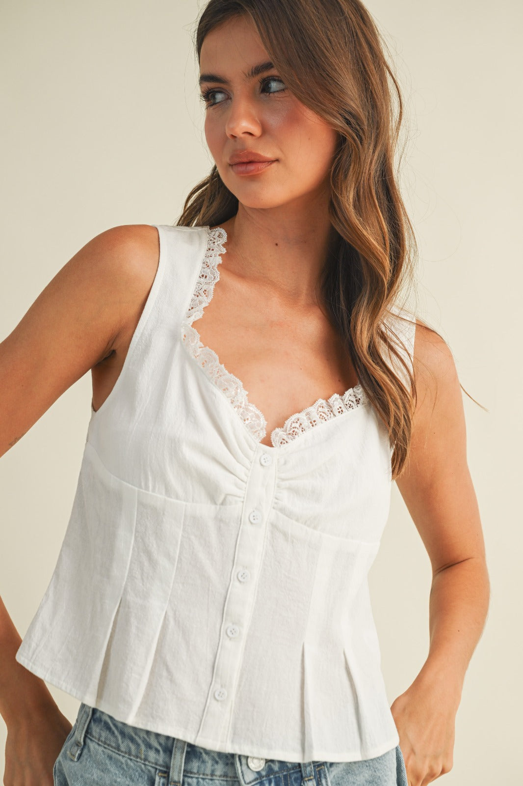 Linen Cami Top with Lace Neck Line