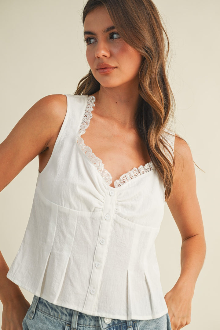 Linen Cami Top with Lace Neck Line
