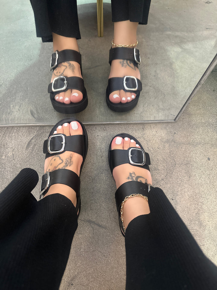 Black Double Buckle Platform Sandals- Myla