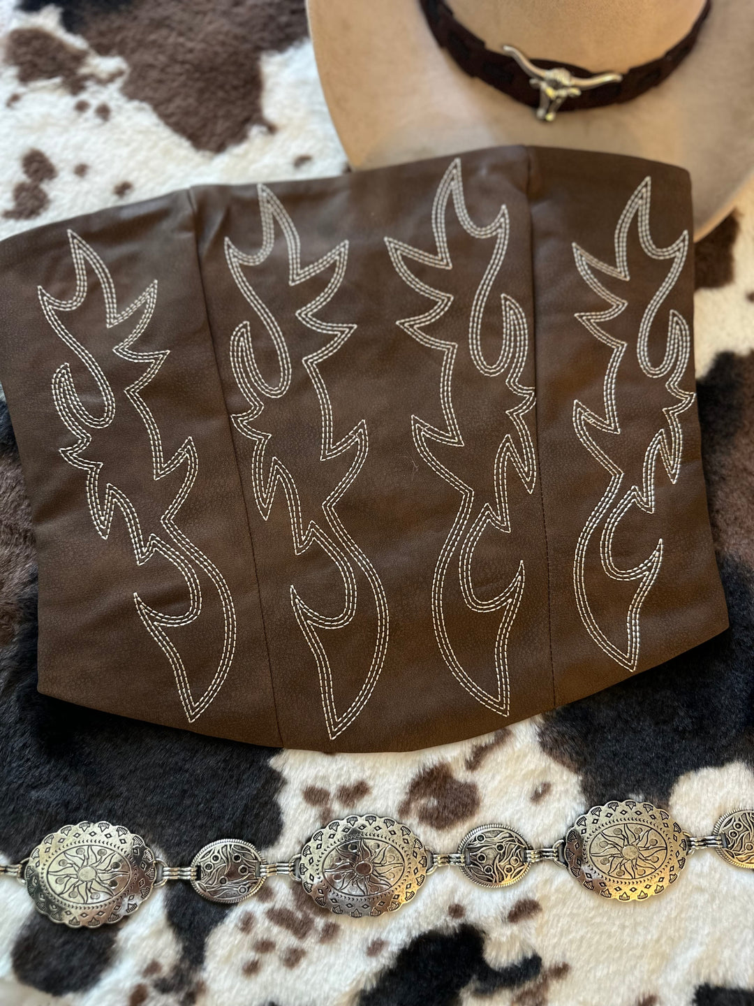Western Brown Faux Leather Embroidered Corset Top