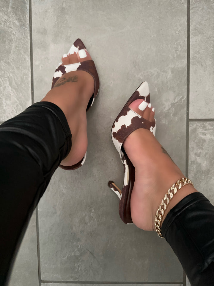 Cow Print Kitten Heel Mules – Western Chic Slip-On Statement Heels- Dakota