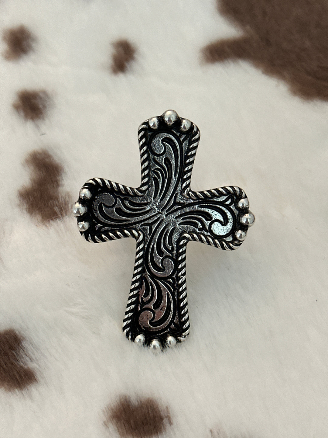 Western Silver Ornate Cross Ring