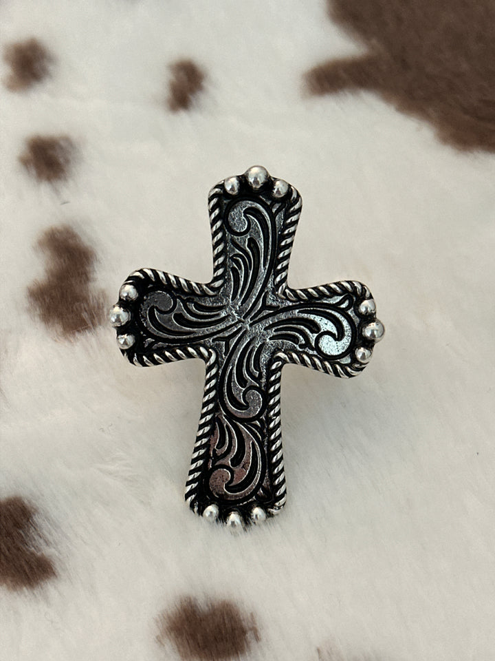 Western Silver Ornate Cross Ring