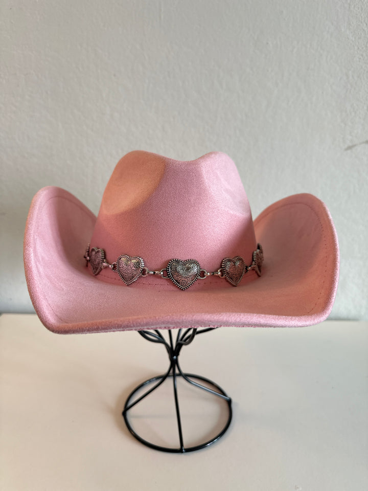 Pink Cowboy Hat with Silver Heart Chain