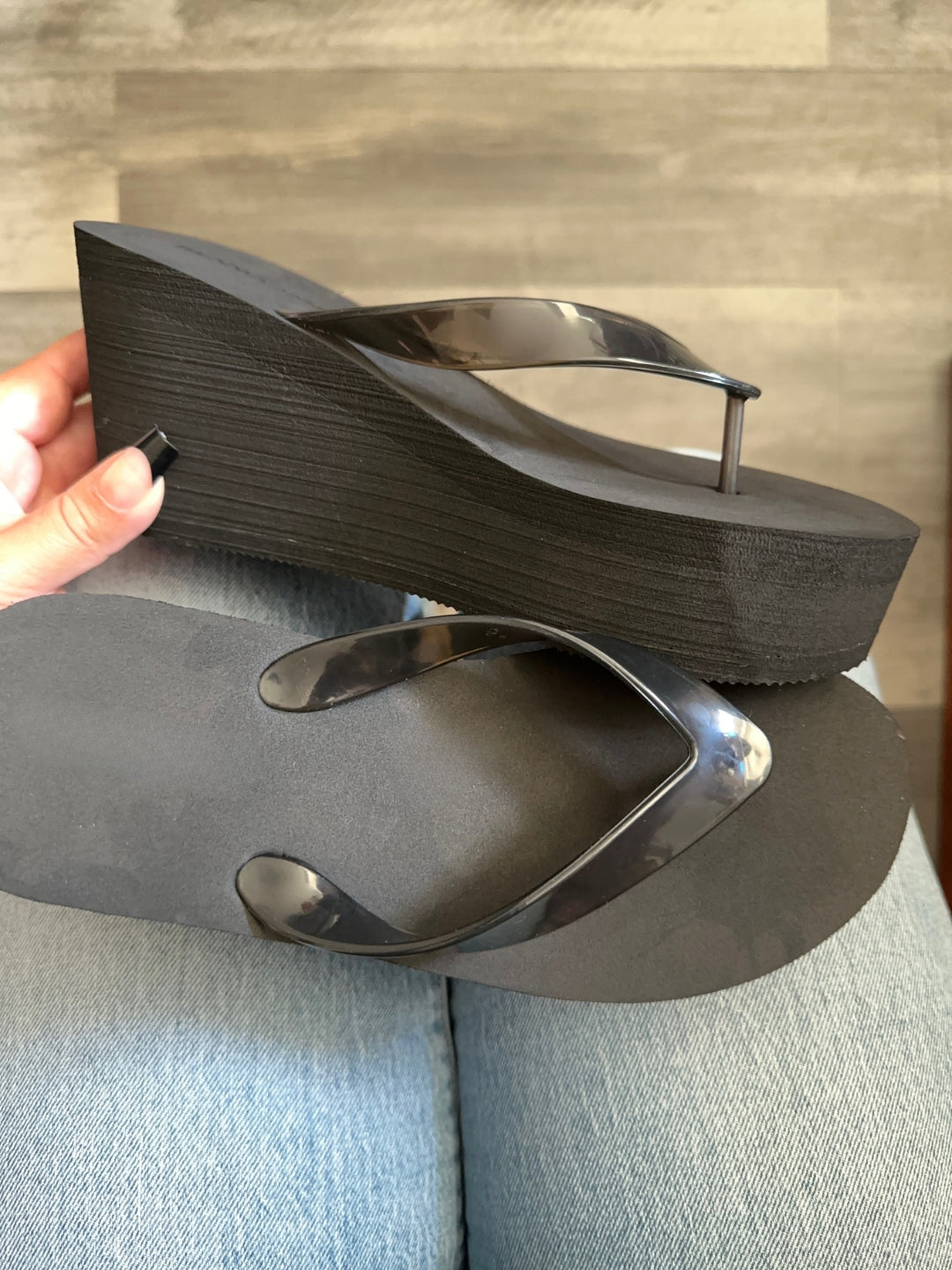 Black Platform Wedge Flip Flop Sandals