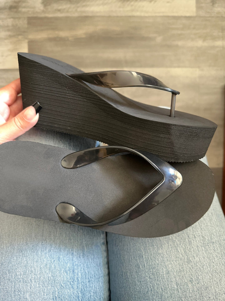 Black Platform Wedge Flip Flop Sandals
