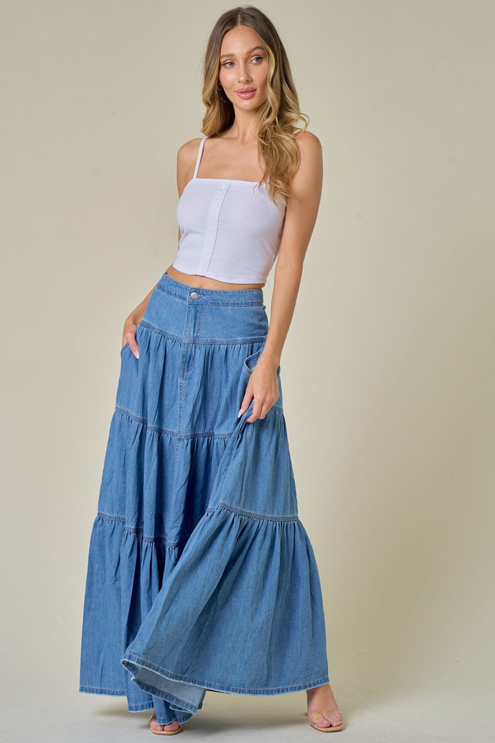 Women’s Boho Denim Maxi Tiered Skirt