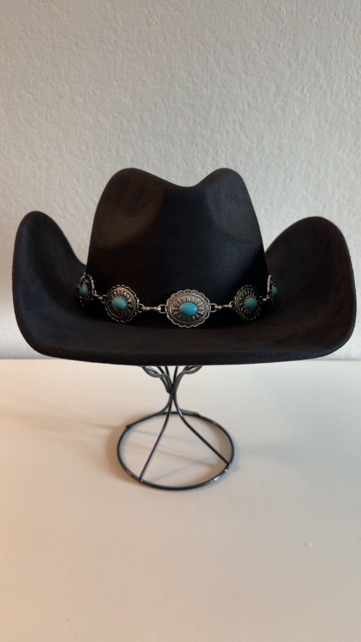 Black Western Cowboy Hat with Silver Turquoise Oval Concho