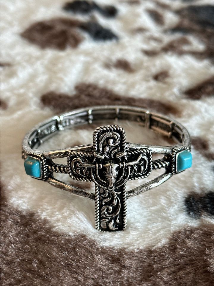 Western Cross Steer Skull Stretch Bracelet