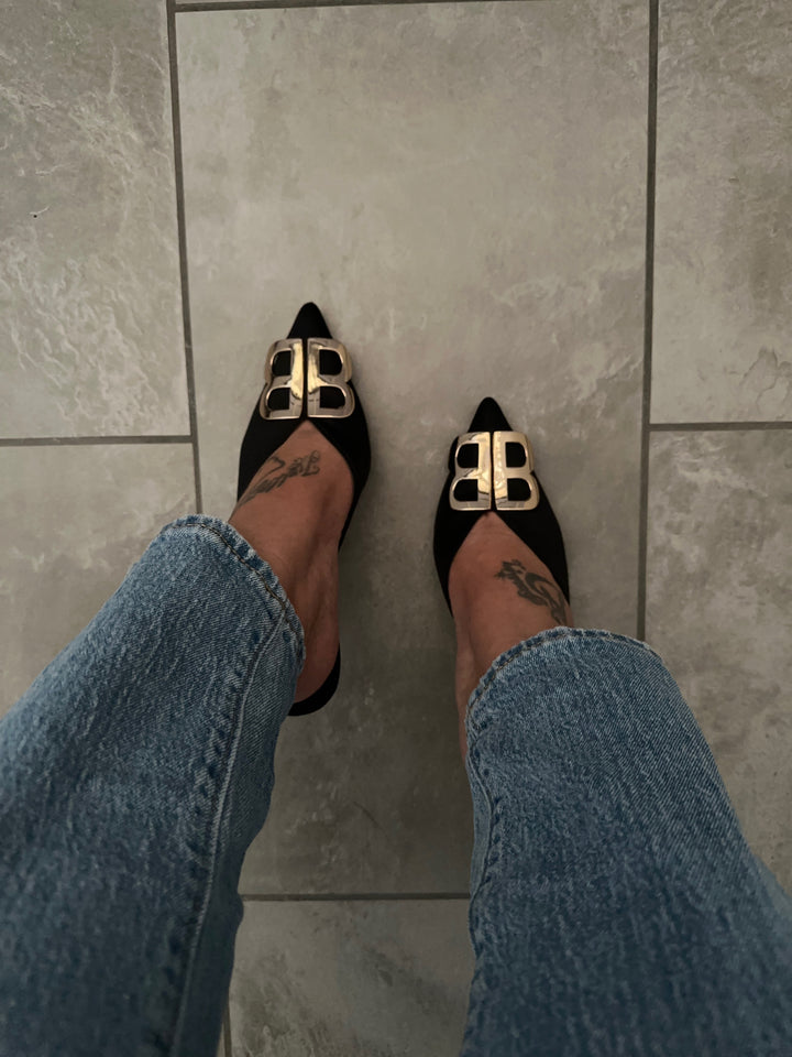 Black Pointed Toe Mule Heels - Alexia