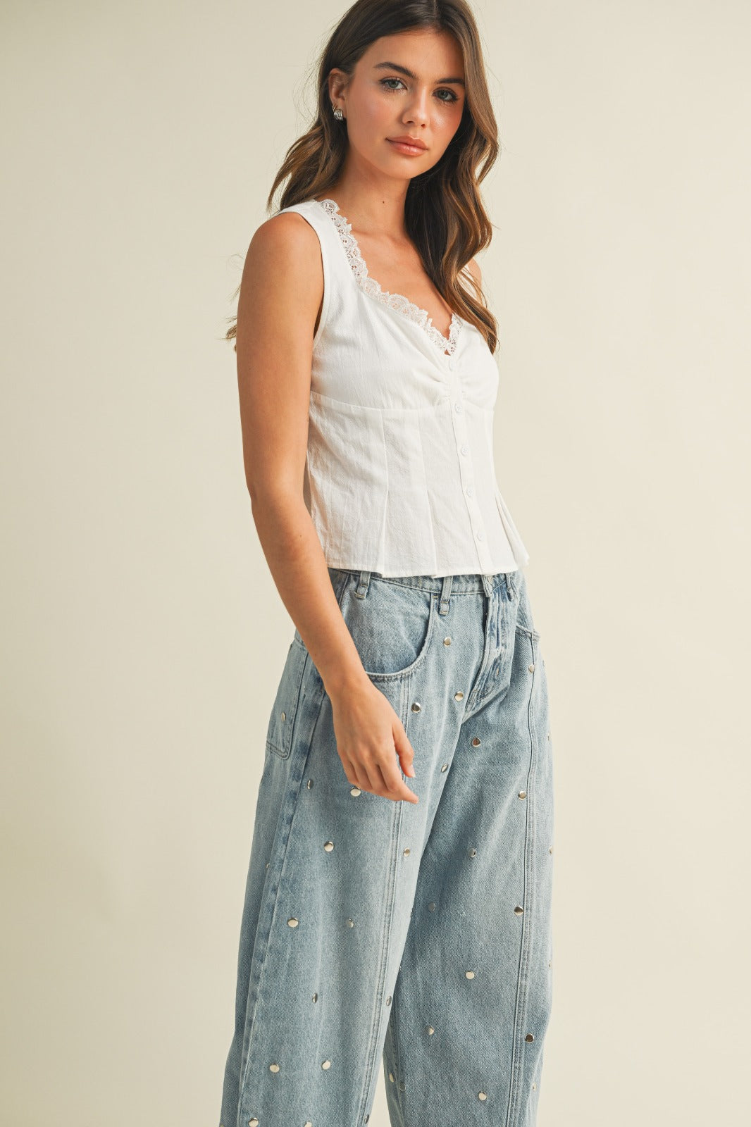 Linen Cami Top with Lace Neck Line
