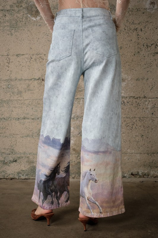 Western Horse Print Wide Leg Jeans