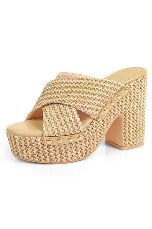 Natural Woven Criss Cross Raffia Platform Heel Sandals- Andreza