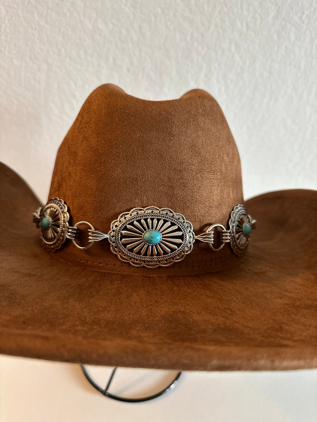 Tan Suede Western Hat with Silver and Turquoise Concho