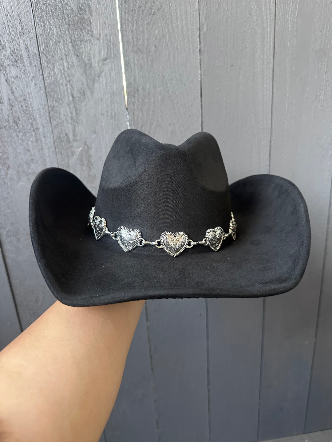 Black Cowbgirl Hat with Silver Engraved Heart Charms Band