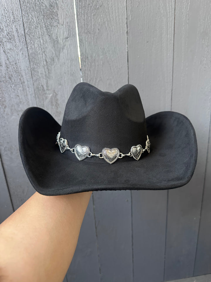 Black Cowbgirl Hat with Silver Engraved Heart Charms Band