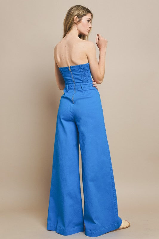 Cobalt Blue Strapless Bustier Denim Jumpsuit | Wide Leg Stretch