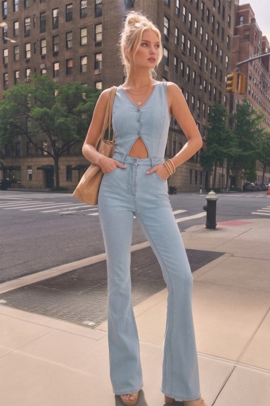 Western Cut Out Bootcut Denim Jumpsuit | Cowgirl Chic Flare One Piece
