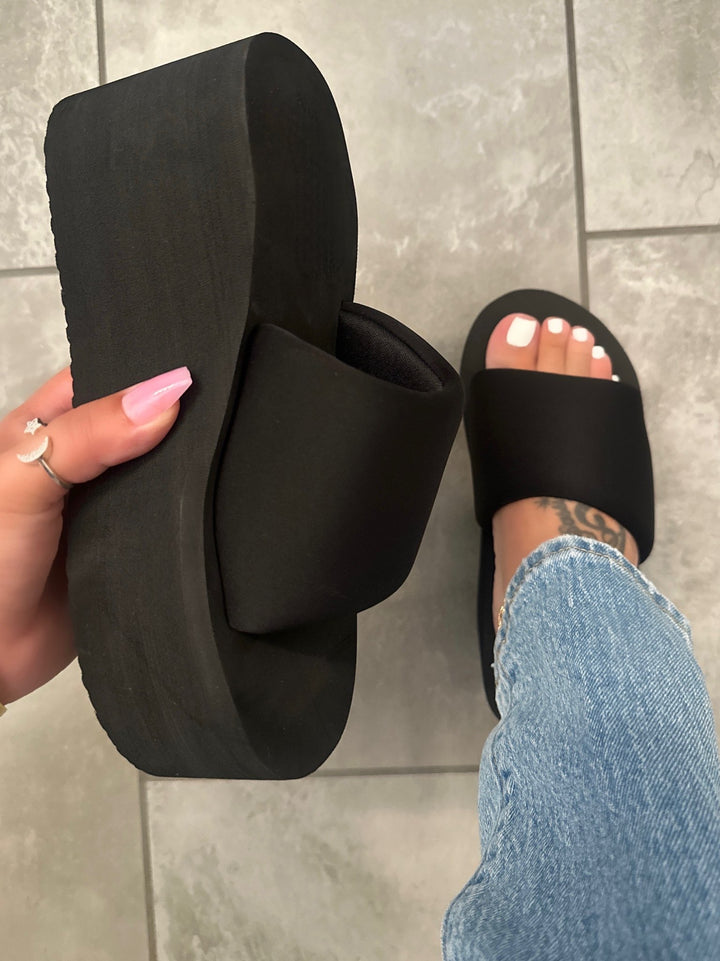 Black Platform Memory Foam Like Wedge Slide Sandals- Gladis