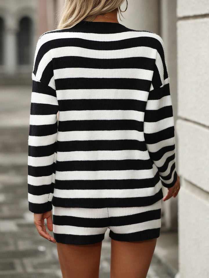 White and Black Stripe Knitted Short and Sweater Set