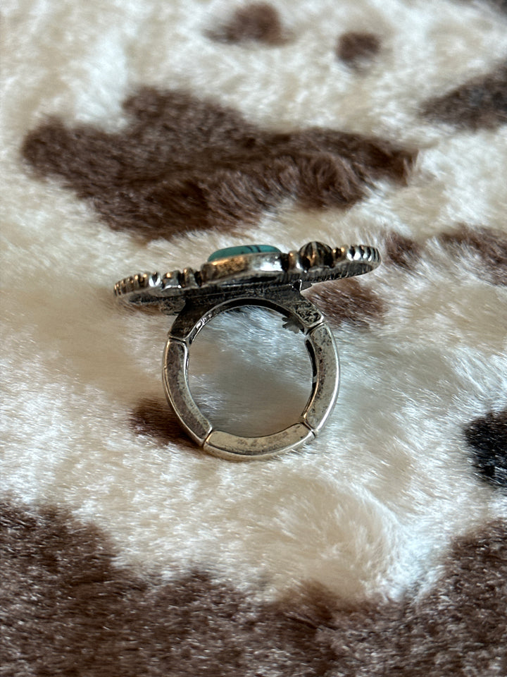 Western Silver and Turquoise Stone Steer Head Stretch Ring