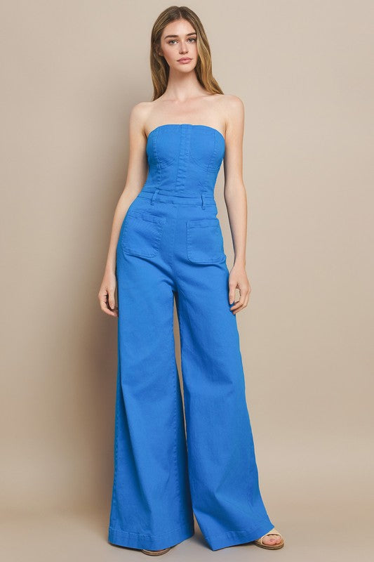 Cobalt Blue Strapless Bustier Denim Jumpsuit | Wide Leg Stretch