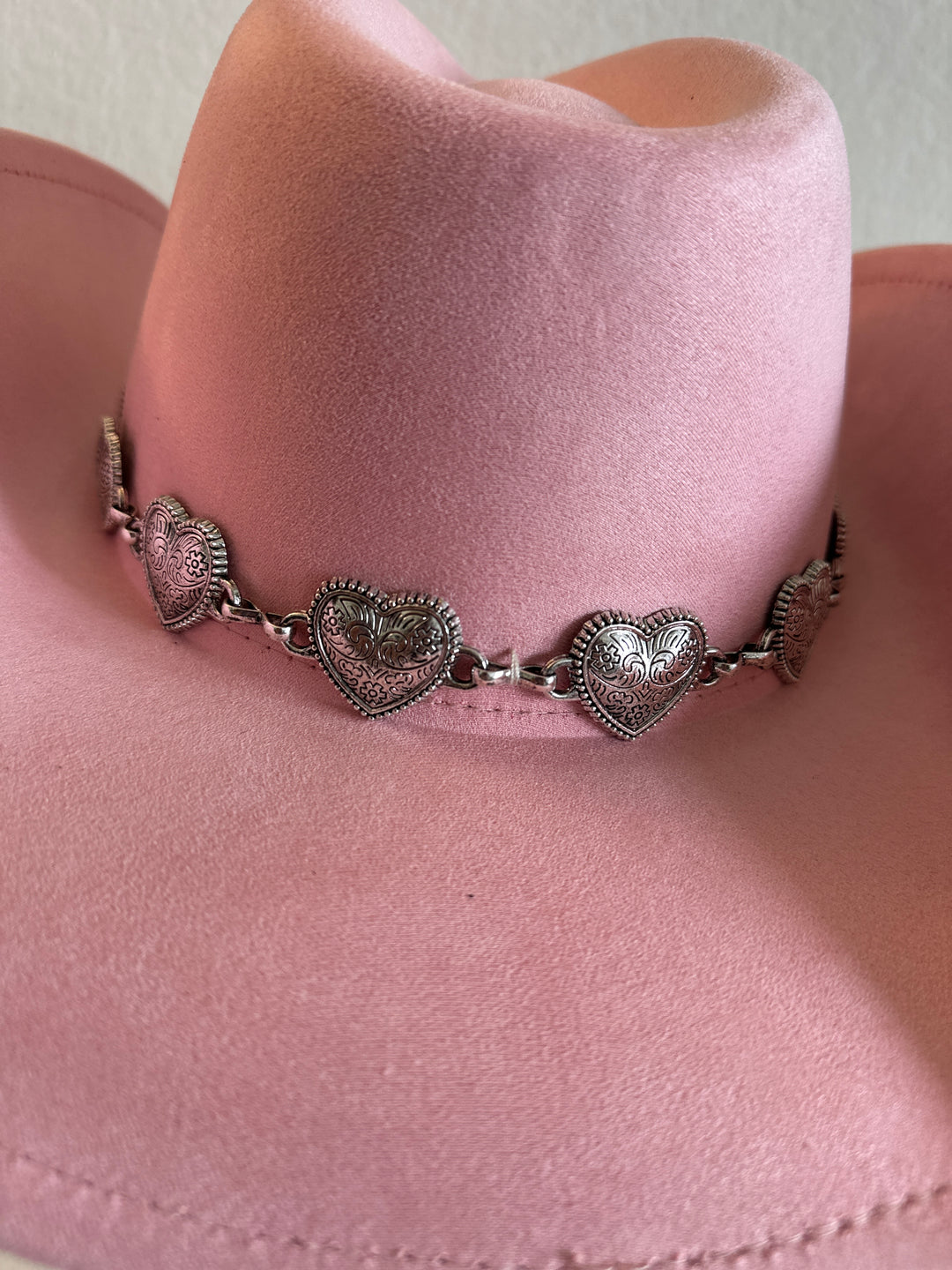 Pink Cowboy Hat with Silver Heart Chain