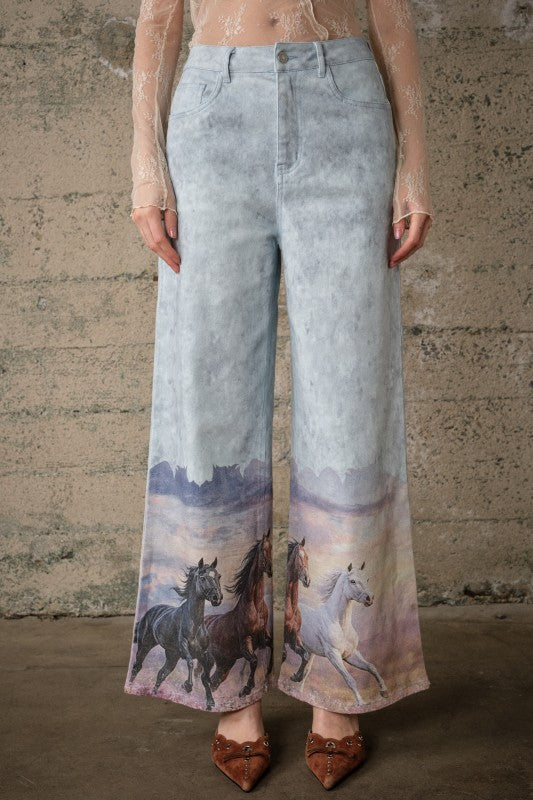 Western Horse Print Wide Leg Jeans