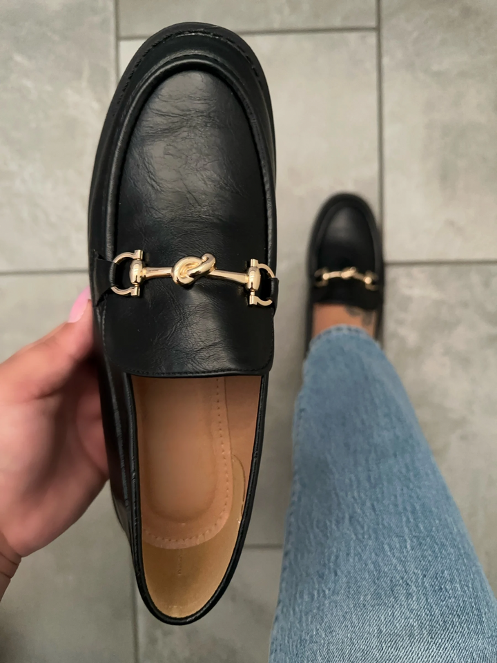 Classic Black Faux Leather Horsebit Loafers- Carolina