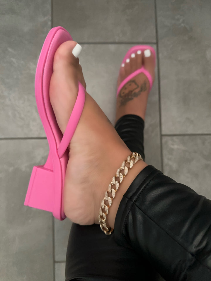 Hot Pink Chunky Heel Thong Sandals- Rosalia