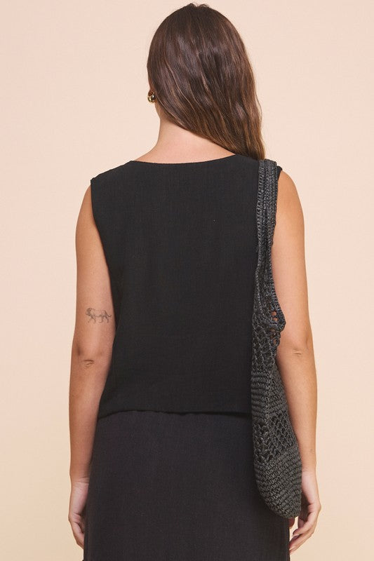 Black Sleeveless Linen Vest Top