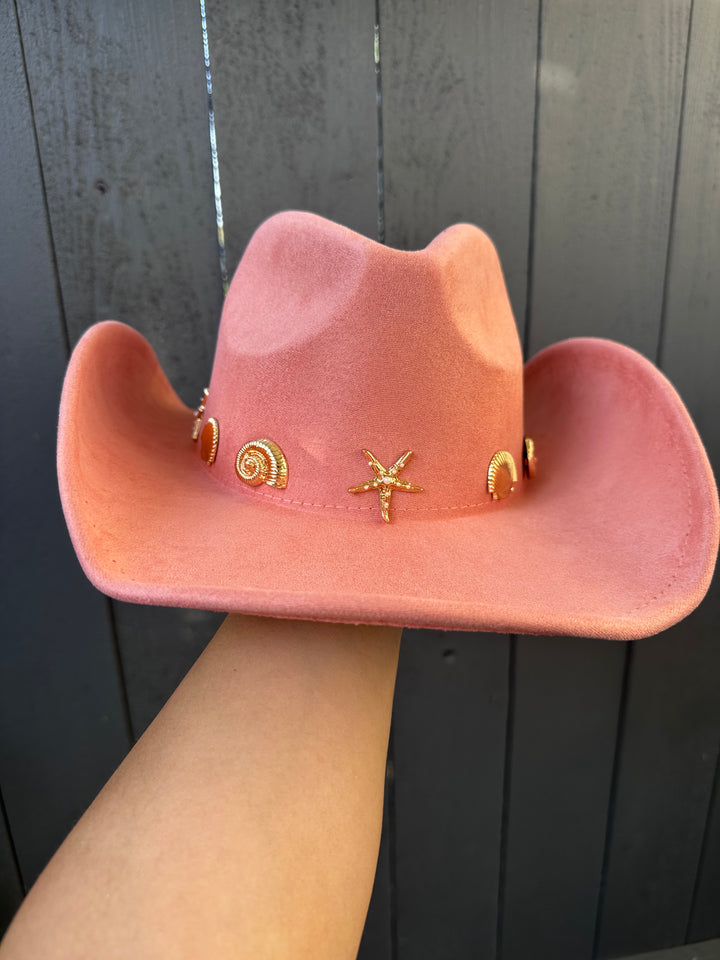 Peach Cowgirl Hat with Metallic Gold Sea Life Charms